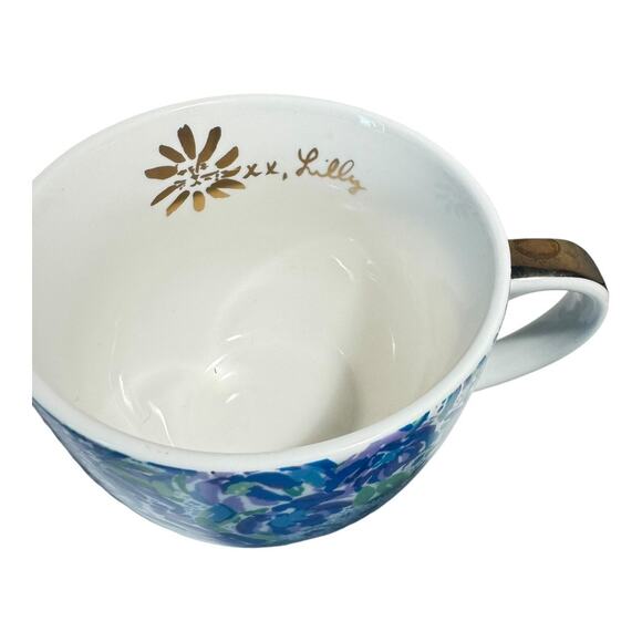 Set of 2 Lilly Pulitzer Blue Surf Ceramic Teacups  Lion & Gold Handle  12 oz - Picture 3 of 8